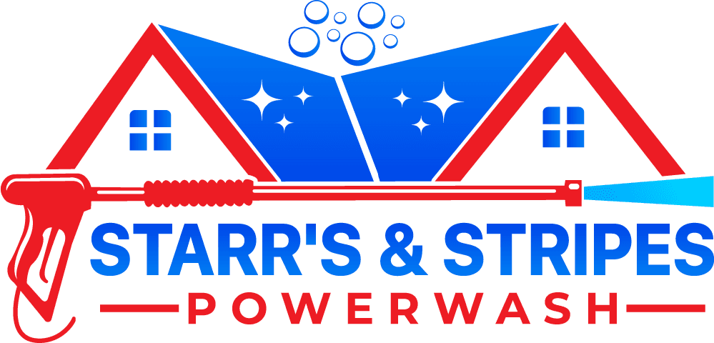 Logo of Starr's & Stripes PowerWash featuring a power washer and stylized house, emphasizing professional power washing services for enhanced property appearance.