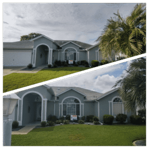Before and after comparison of a home exterior in Ocala, showcasing the effects of professional power washing on the roof and driveway, emphasizing cleanliness and maintenance in Florida's humid climate.