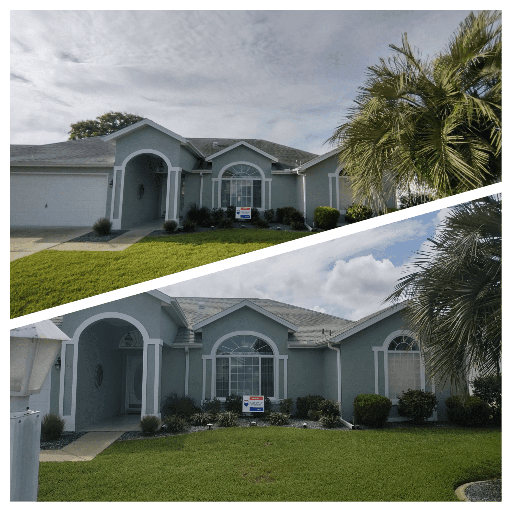 Before and after images of a light blue/gray stucco house with white trim. The top image is slightly faded and the driveway is visible. The bottom image shows the house exterior fully cleaned and the colors are vibrant.