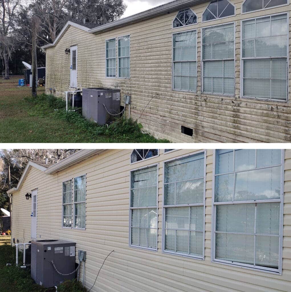 Before and after images of vinyl siding cleaning. The top image shows the siding heavily covered in green organic growth, and the bottom image shows the siding completely clean and restored to its original light yellow color.