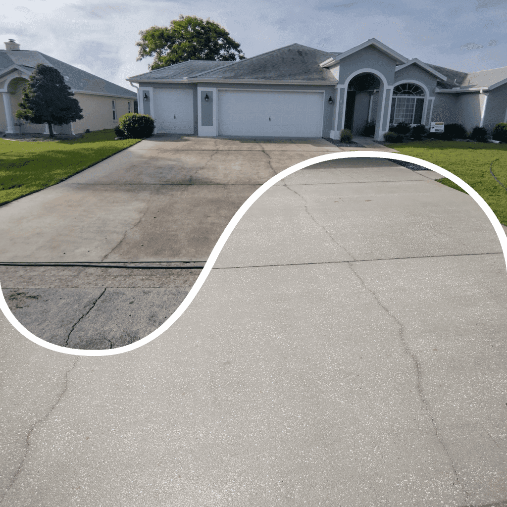 Composite image showing the striking before-and-after difference of a residential concrete driveway after professional pressure washing, with a light gray house in the background.