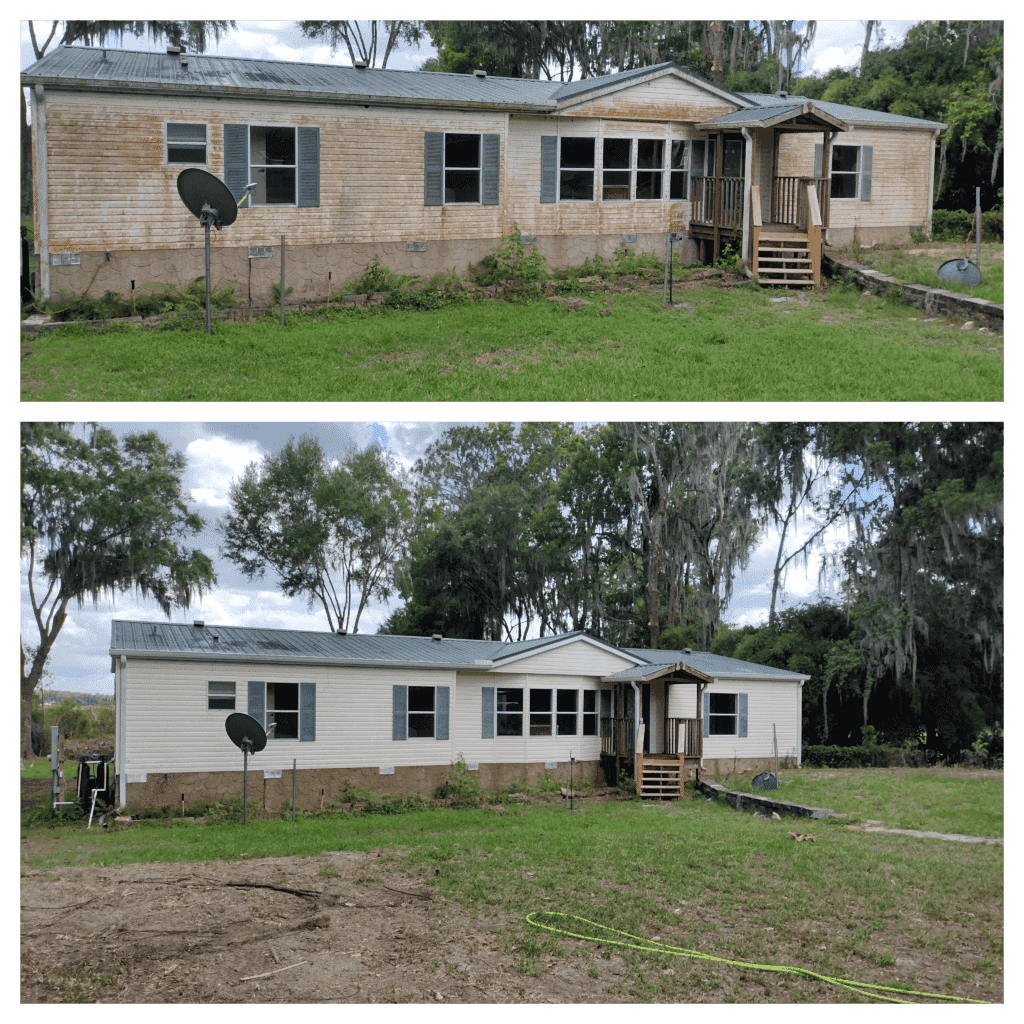 Front view before and after images of horizontal siding. The top image is heavily stained dark brown/black. The bottom image shows the siding is fully cleaned and restored to a light tan color.
