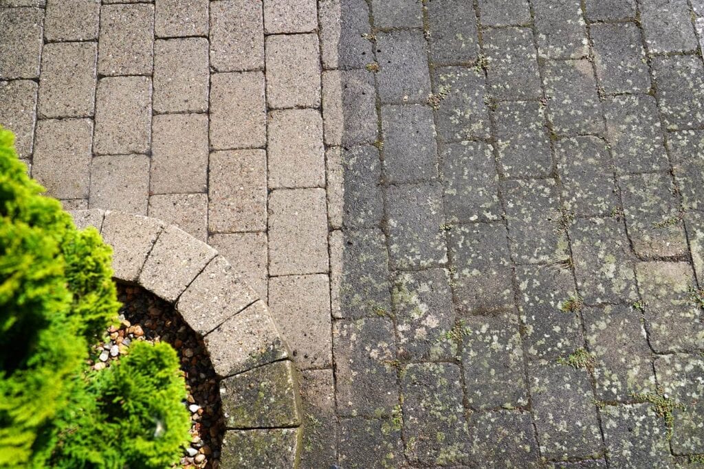 Overhead view of a light gray paving stone patio or walkway, clearly split into two sections: the clean, light side on the left and the dirty, dark, moss-covered side on the right, next to a decorative shrub.
