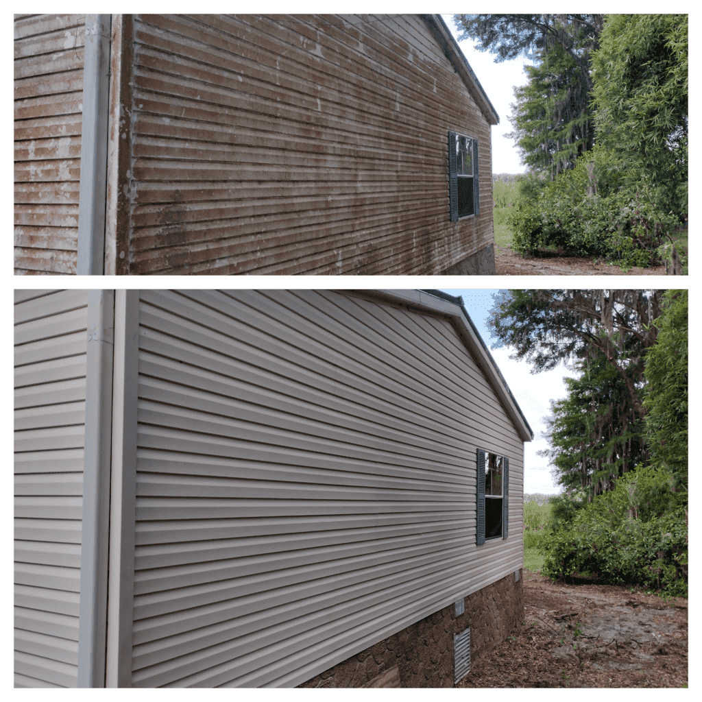 Before and after images of a house's exterior cleaning. The top image shows horizontal siding, heavily discolored and stained dark brown/black with dirt and organic growth. The bottom image shows the same siding completely cleaned and restored to a light tan or beige color.
