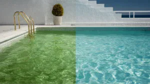 A split-screen comparison of a swimming pool: the left side shows murky green water with algae, and the right side shows clear blue sparkling water.