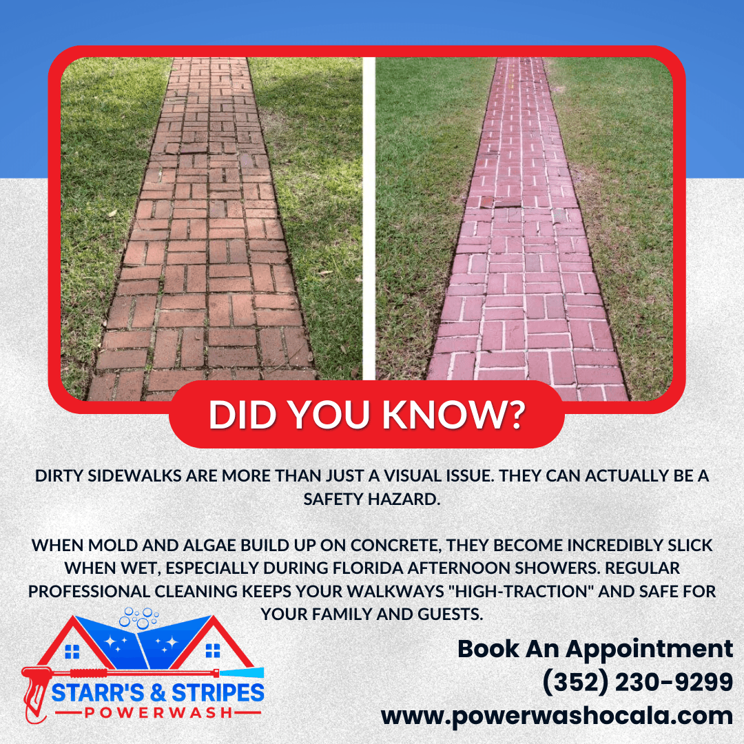 Before and after comparison of a red brick walkway being cleaned to remove slippery mold and algae.