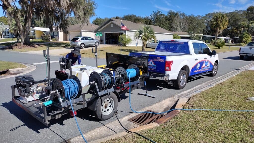 A white pickup truck with cleaning equipment is parked on a suburban street. Attached is a trailer loaded with hoses and tanks. A worker is attending to the setup under a sunny, clear sky. An American flag is visible in the background near a house.