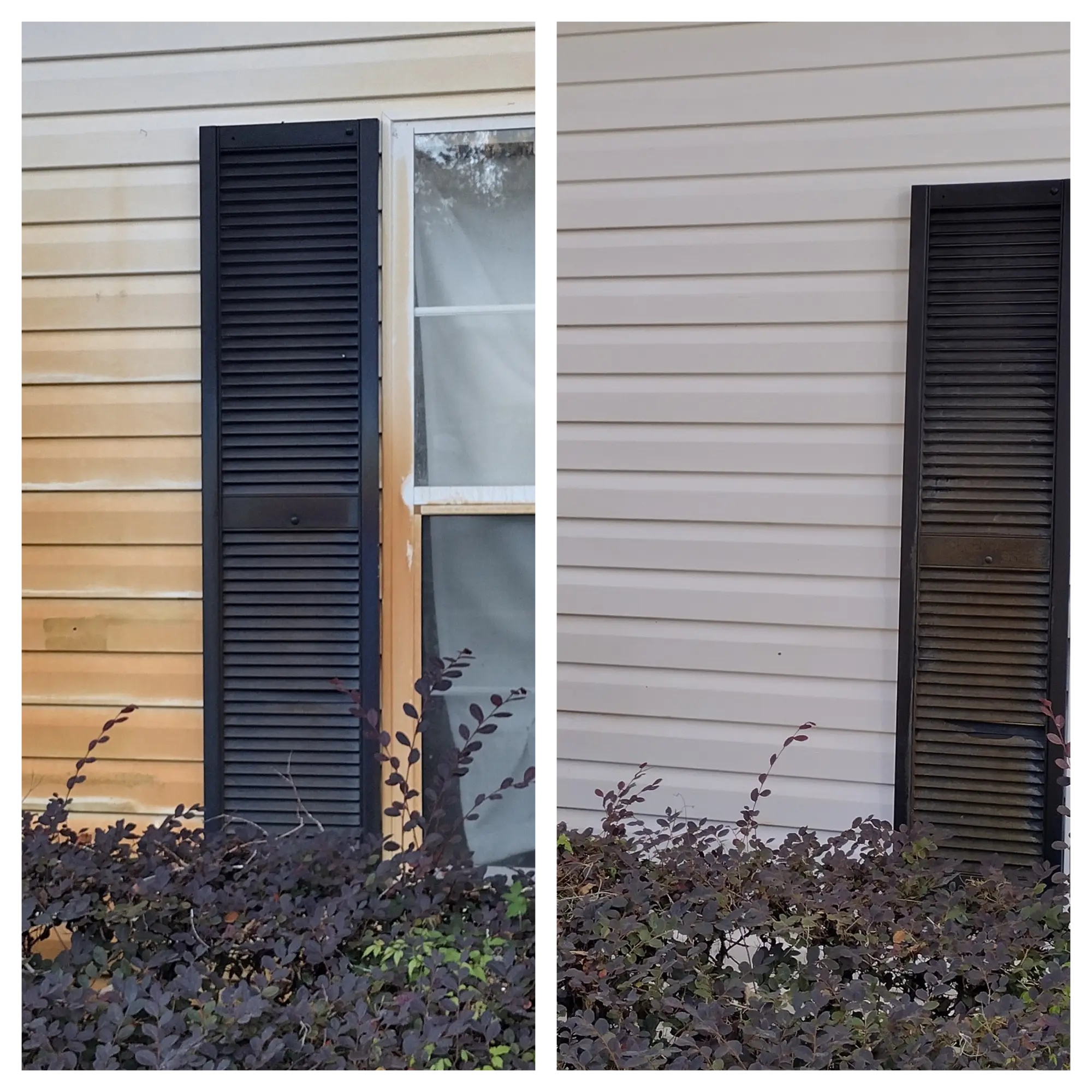 Side-by-side comparison of a house exterior before and after cleaning. The left shows dirty siding; the right shows the same area clean and bright.