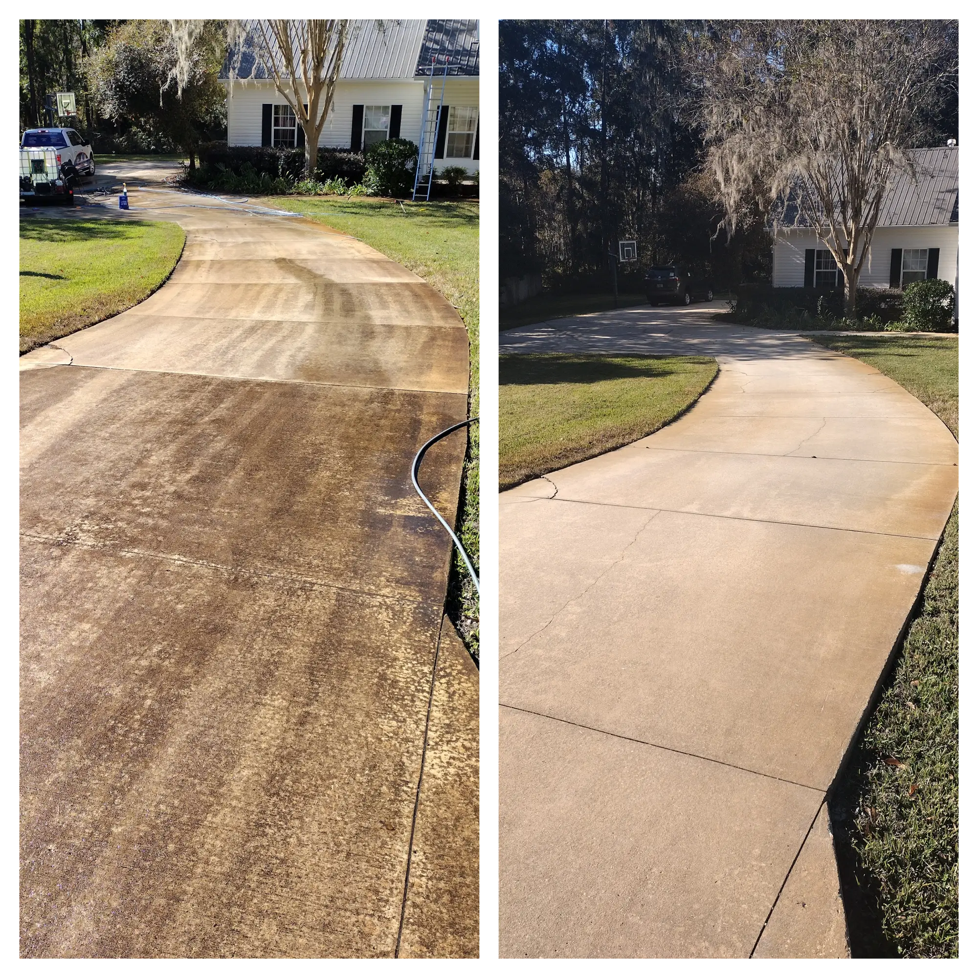 Side-by-side comparison of a driveway before and after cleaning. Left: dirty, stained driveway. Right: clean, bright driveway. House and trees in the background.