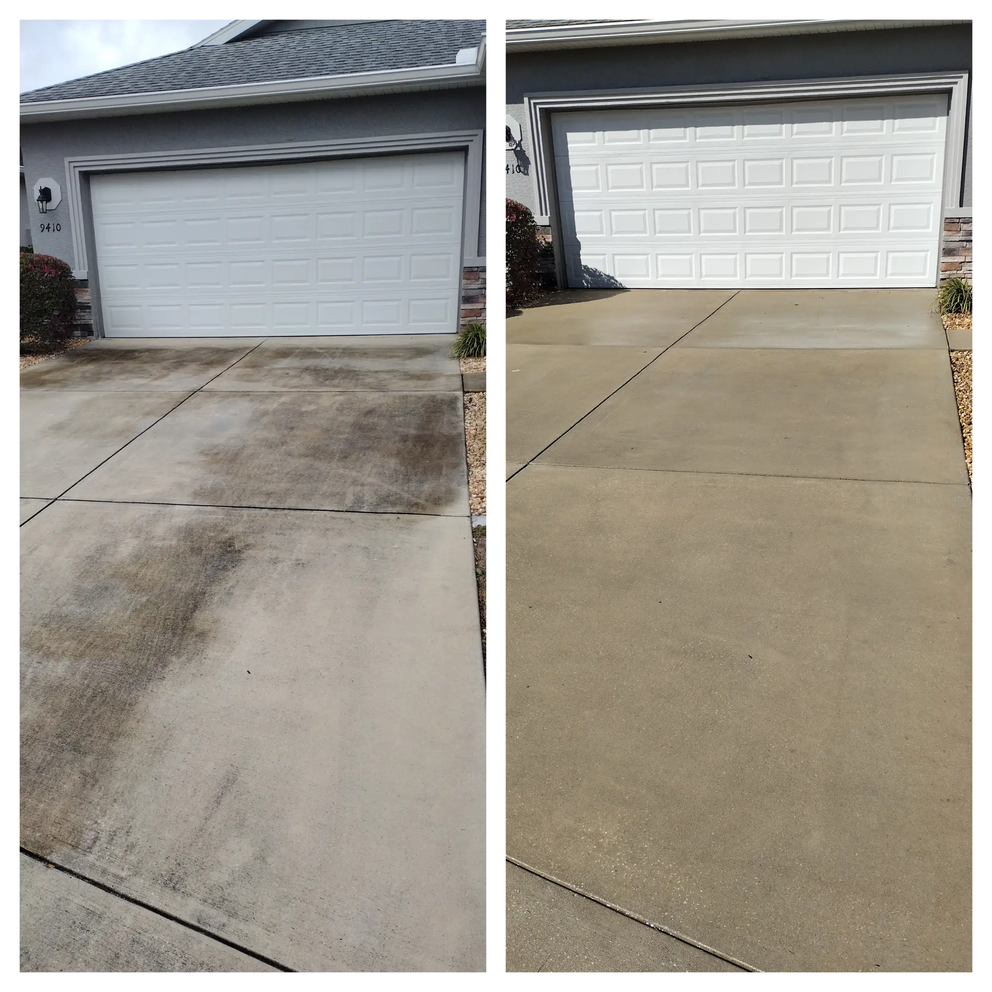 Side-by-side comparison of a driveway before and after cleaning. Left: stained, dirty surface. Right: clean, bright, and well-maintained concrete.