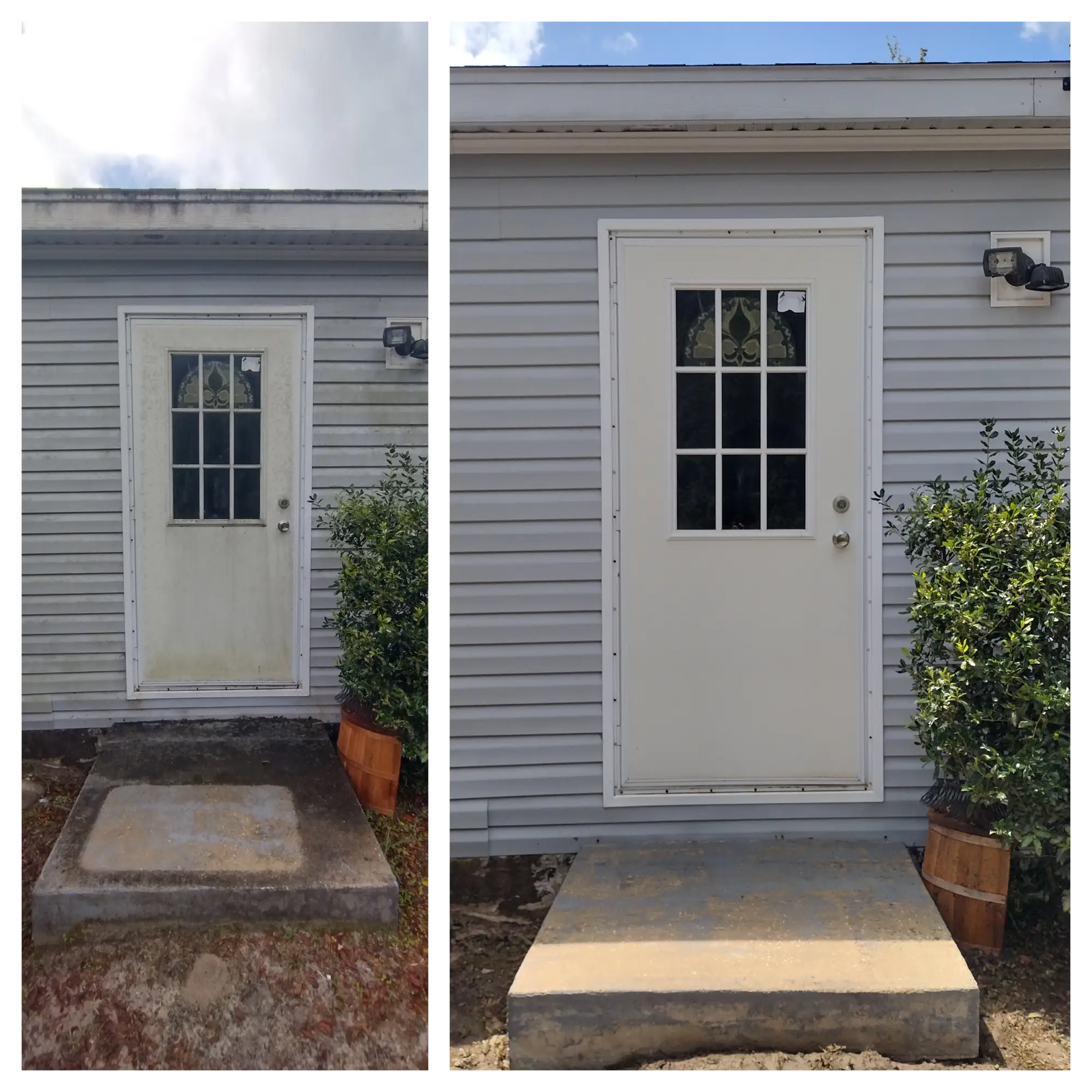 Side-by-side comparison of a door before and after cleaning. The left image shows a weathered door with stains, while the right shows a clean, bright door.
