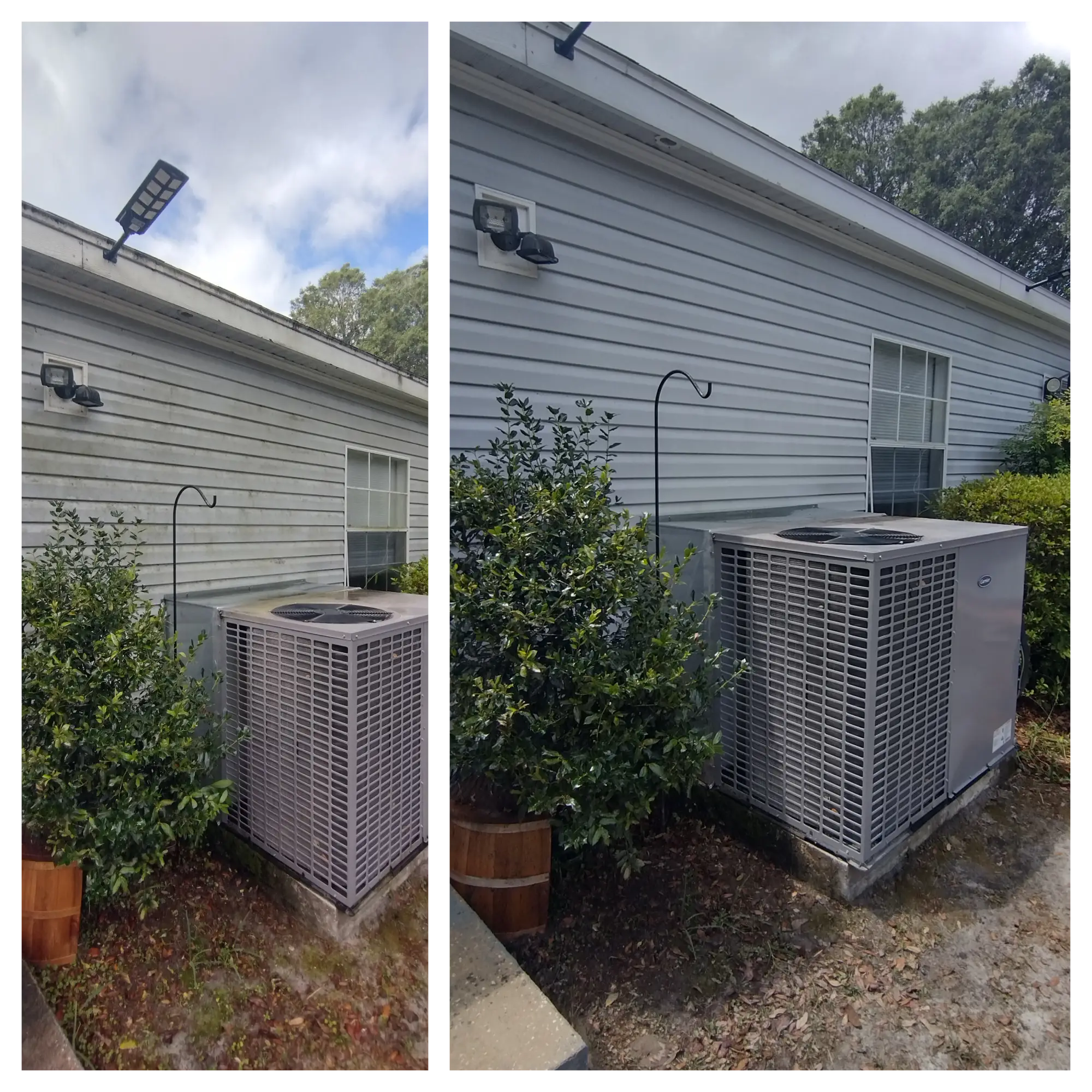 Side-by-side comparison of an outdoor air conditioning unit next to a house with siding. The left image shows a plant beside the unit, and both images capture a bright, clear sky.