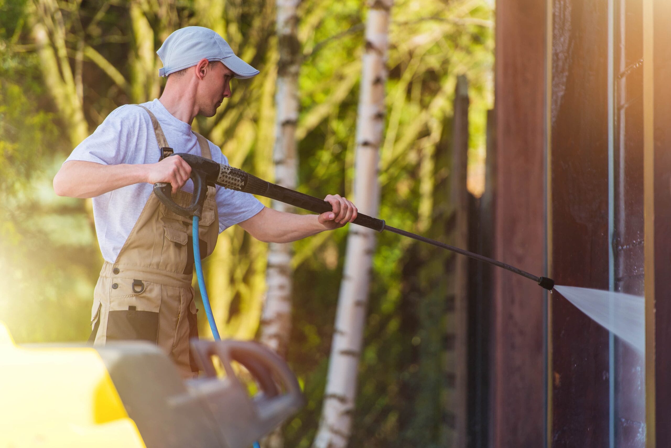 A male worker in tan overalls and a baseball cap using a high-pressure power washer to clean the dark wooden siding of a house in a wooded outdoor setting.
