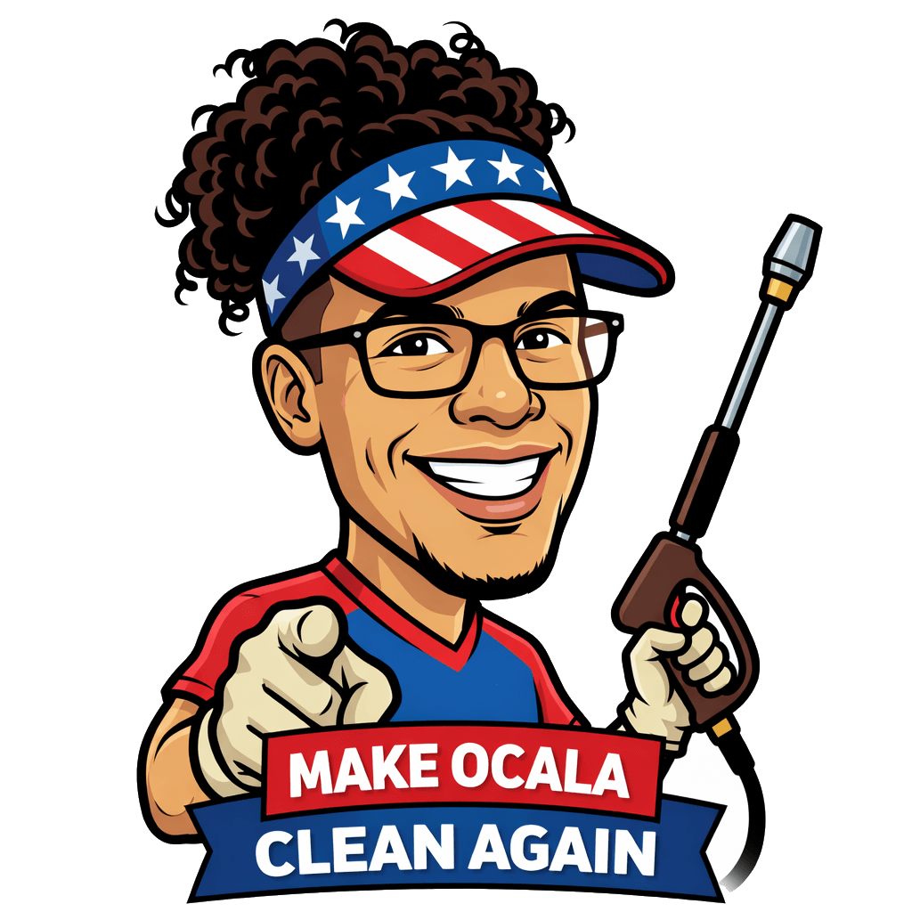 Cartoon of a smiling man with glasses, curly hair, and a star-spangled visor, holding a pressure washer. Below, a banner reads 