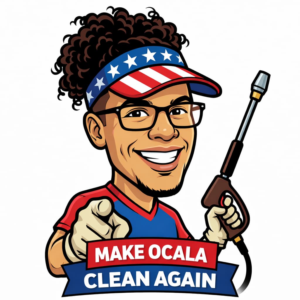 Cartoon of a smiling man with glasses, curly hair, and a star-spangled visor, holding a pressure washer. Below, a banner reads 