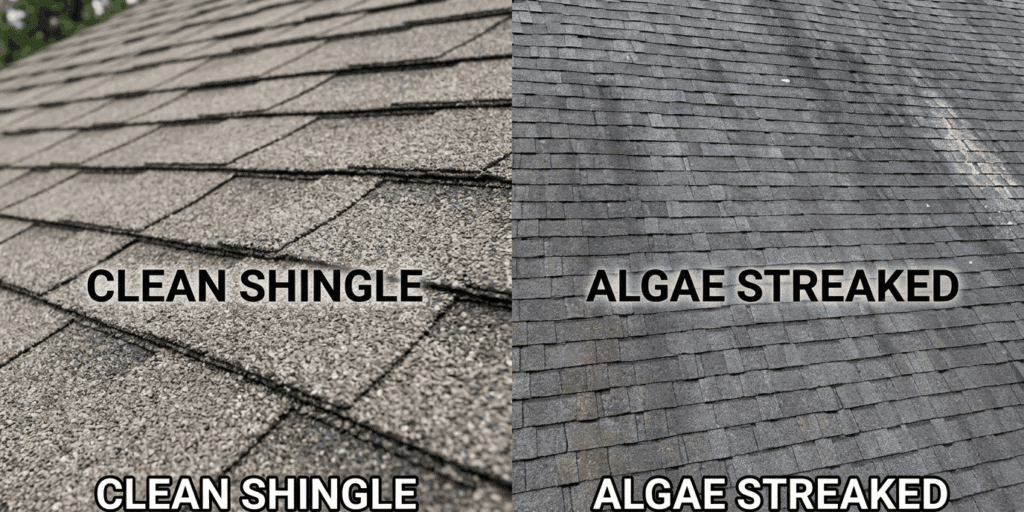 A side-by-side comparison of asphalt roof shingles. The left side shows clean, well-maintained shingles; the right side shows shingles with dark vertical algae streaks and staining.