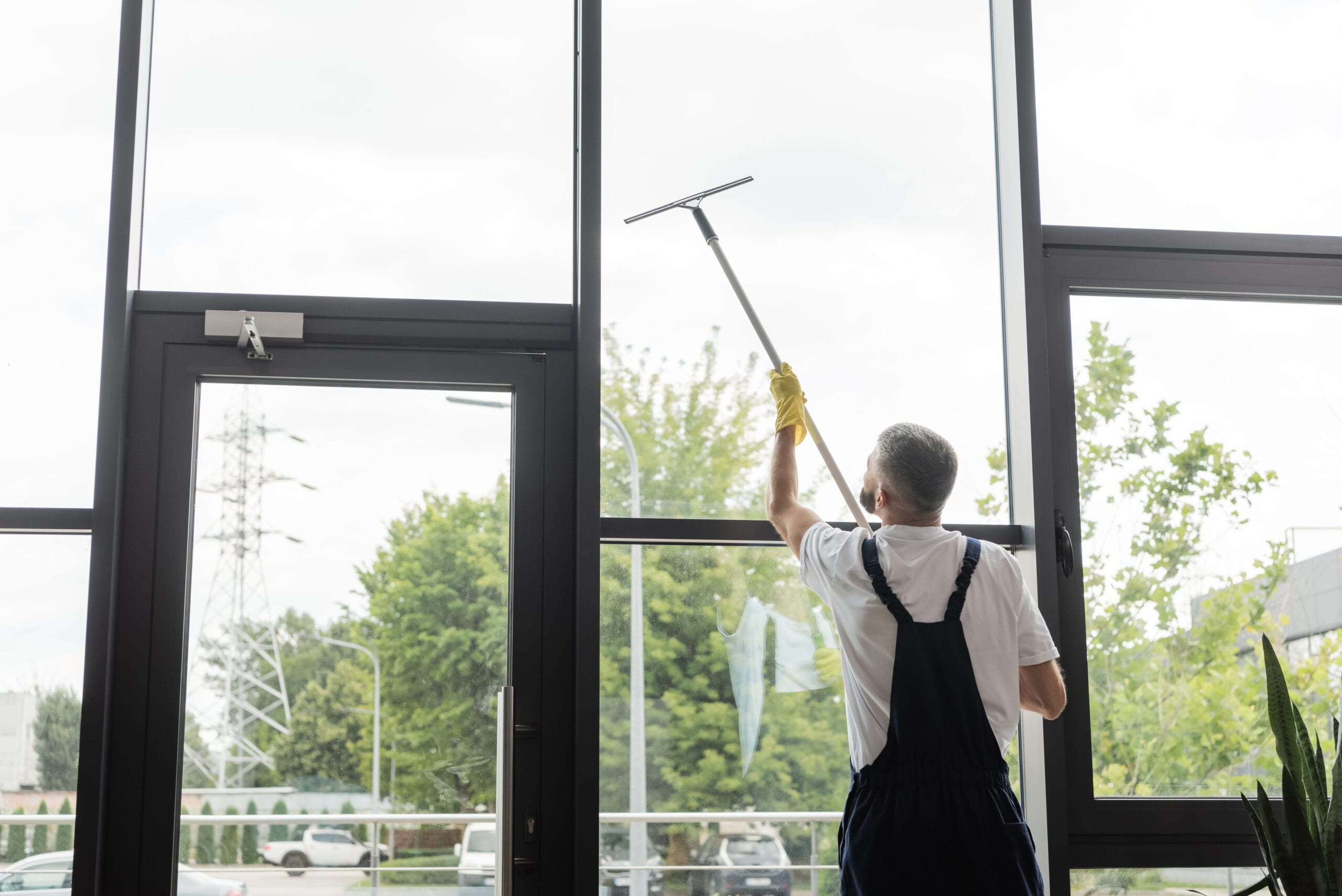 Back view of a professional cleaner in blue overalls using a long extension pole squeegee to wash high office windows in Ocala, Florida.