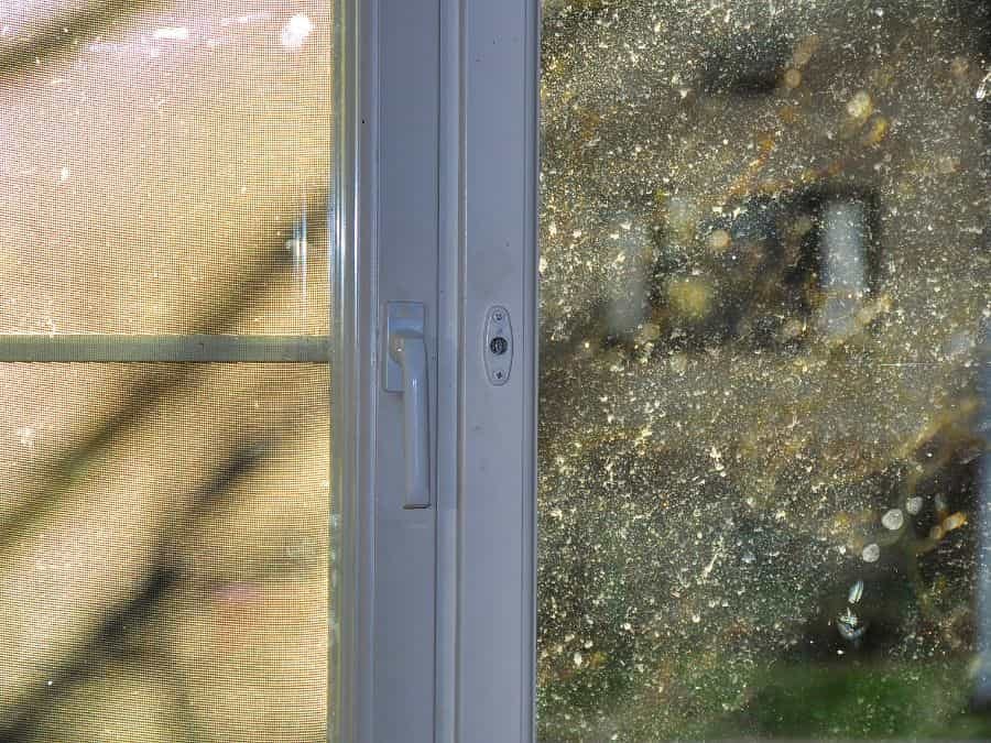 Close-up of a dirty window with significant dirt, pollen buildup and hard water spots next to a white vinyl frame in Ocala, Florida.