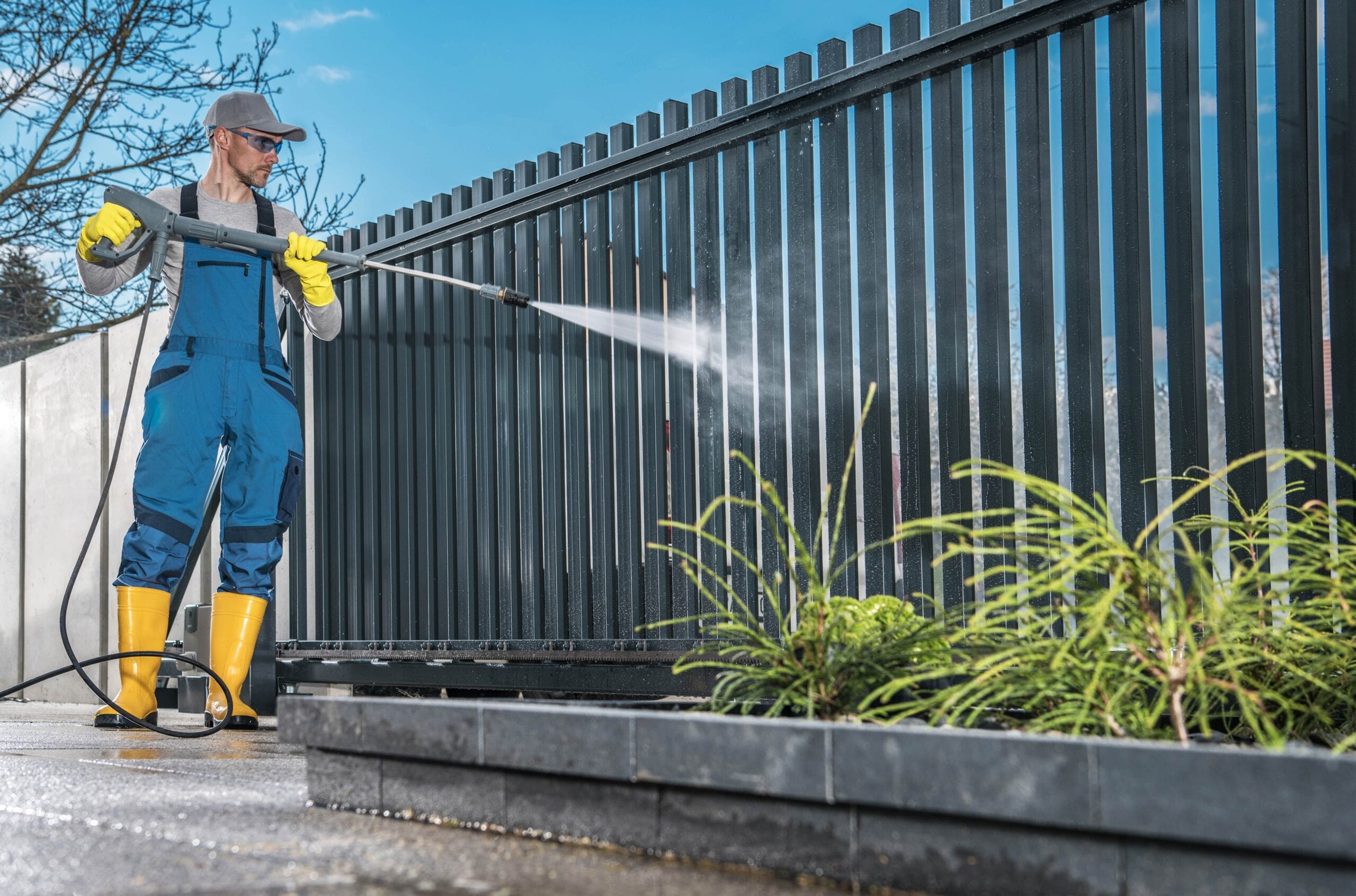 A professional cleaner in blue overalls, yellow boots, and safety gear using a high-pressure washer to clean a large black metal residential gate and fence.