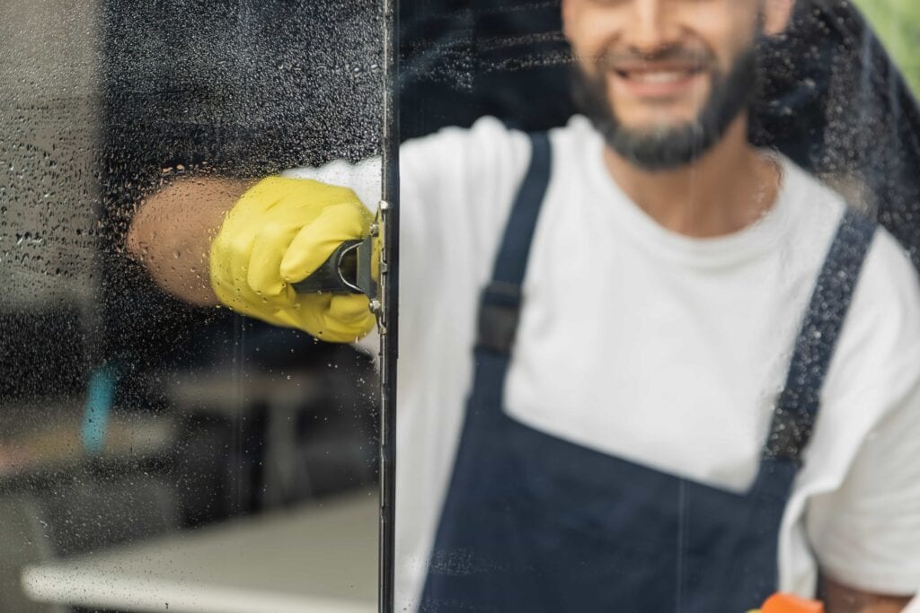 Professional window cleaner with yellow gloves using a squeegee on a wet glass window for a residential cleaning service in Ocala, Florida.