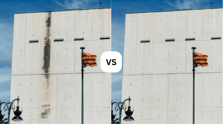 A before-and-after comparison of commercial concrete pressure washing on a large building facade featuring a waving Senyera flag. The left side shows a heavy vertical mold and carbon stain running down the concrete wall, while the right side shows the completely cleaned, pristine surface following professional exterior restoration service in Ocala, Florida.