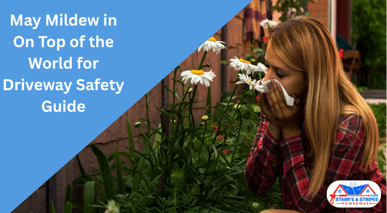 A woman sneezing near garden flowers illustrating seasonal allergies and mildew growth, part of a driveway safety guide for residents in On Top of the World, Ocala, FL.