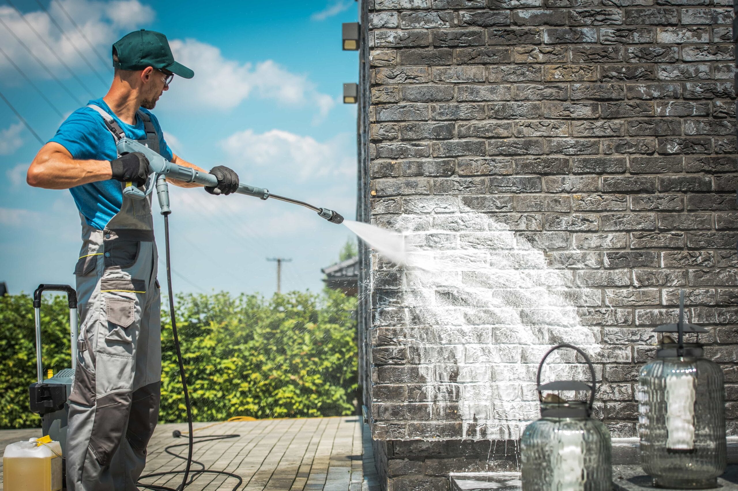 A professional technician in grey protective gear uses a high-pressure washer to remove white stains and buildup from a dark brick exterior wall during a residential cleaning service in Orlando, FL.