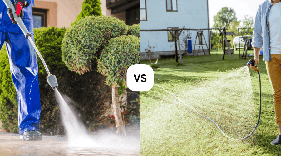 Split screen comparison of a professional technician using a high-pressure washer versus a soft wash for exterior cleaning services in Florida.