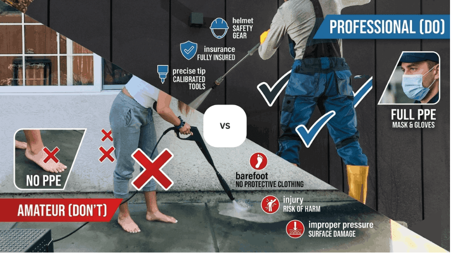 A split-screen comparison showing a homeowner using a retail power washer on a patio versus a professional technician cleaning a dark exterior wall, illustrating professional pressure washing in Orlando, FL.