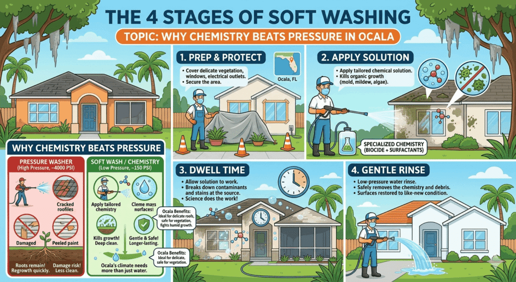 Infographic showing the 4 stages of soft wash roof cleaning including prep, chemical application, dwell time, and gentle rinse for a home in Ocala, Florida.